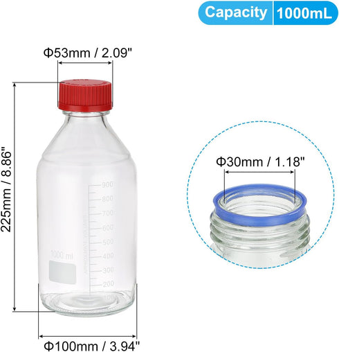 PATIKIL 1 Pack Reagent Media Storage Bottles, 1000ml Borosilicate Glass Graduated Round Bottles with GL32 Red Screw Cap for Lab Water Reagent Liquids, Clear by PATIKIL