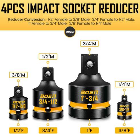 8-Piece Set, 1/4, 3/8, 1/2", 3/4", BOEN Impact Socket Adapter & Reducer Cr-Mo Steel Impact Driver & Wrench Conversion