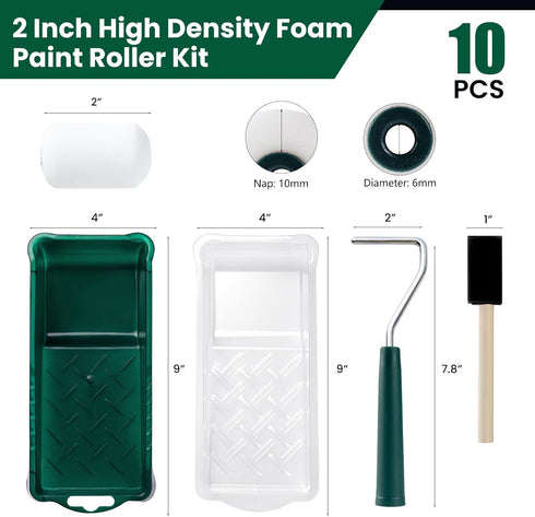 10 Pack, 2 Inch Foam Paint Roller Kit, Mini Paint Roller with Tray Liners, Sponge Brush, Smooth Rolling Frame & Easy