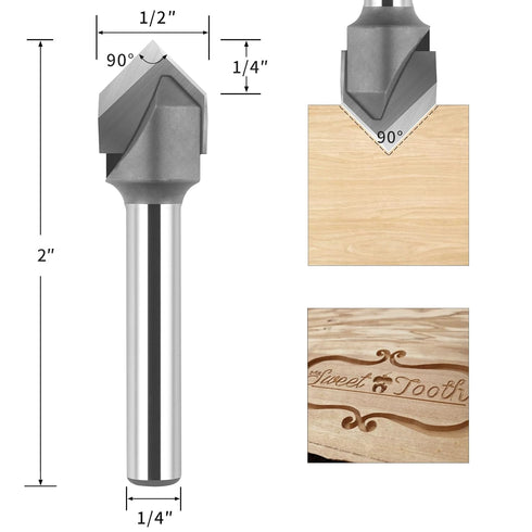 BINSTAK 90 1/4" 1/2" Degree V Groove Router Bit Carbide Chamfer Bits with Shank and Cutting Diameter for CNC Woodwork