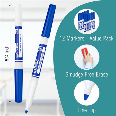 Dry Erase Markers Fine Tip, 12 Count Whiteboard Markers, Blue Dry Erase Markers, Fine Point Dry Erase Markers, Dry Erase Markers for Kids, White Board Markers Dry Erase by EXTRIC