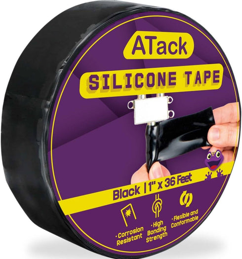 ATack Silicone Self-Fusing Tape, 1-Inch x 36-Foot, Black Waterproof Professional Grade Weatherproof Sealing Wrap Tape