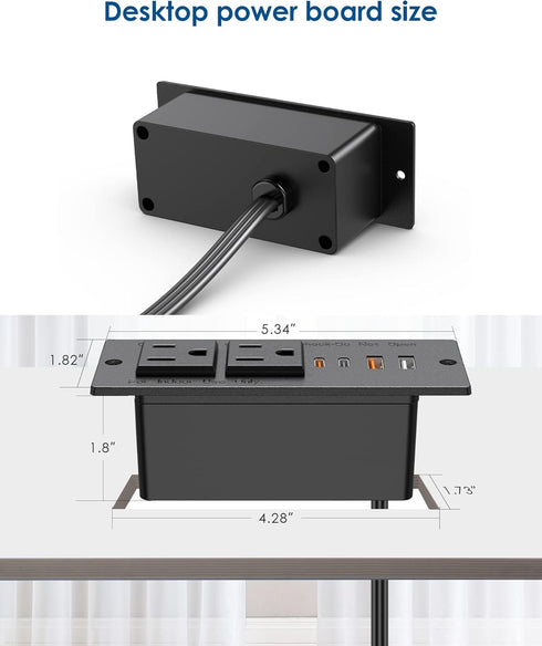 Jgstkcity 30W Strip,2 4 Table,10ft USB C Recessed Power Strip,Flat Plug Power Outlets USB Ports,Furniture Flush Mount