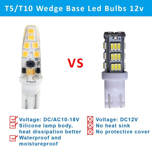 PYJR T10 Wedge Base LED Bulbs 12V Low Voltage 2W 200Lm Warm White for Landscape Pathway Lighting (Pack of 5)