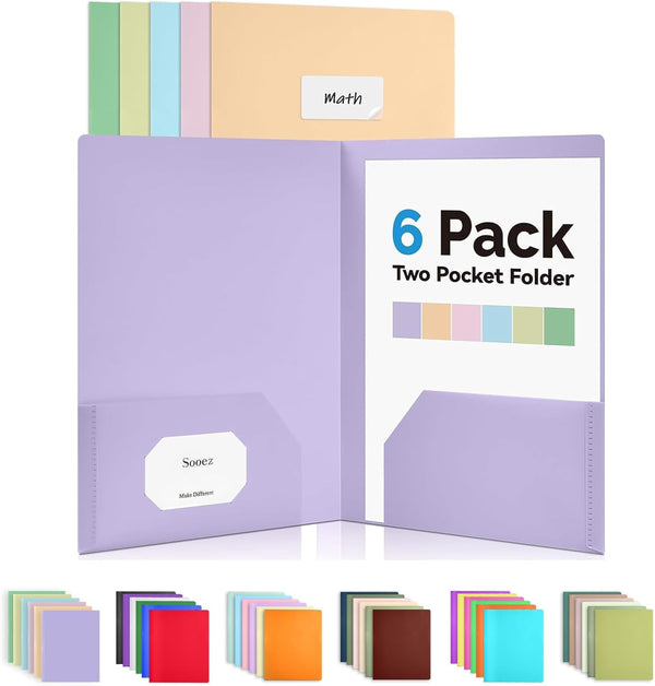 Sooez 6 Pack Heavy Duty Plastic Pocket Folders with Labels - Pastel Poly Document Folders for School Office