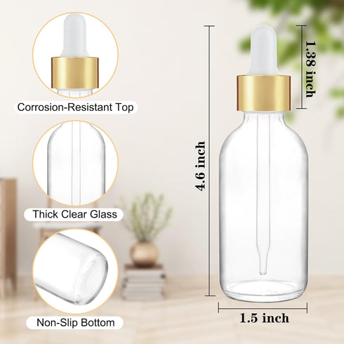 24 Pack 2oz Clear Glass Bottles with Golden Top Eye Droppers for Essential Oils, Perfumes & Lab Chemicals