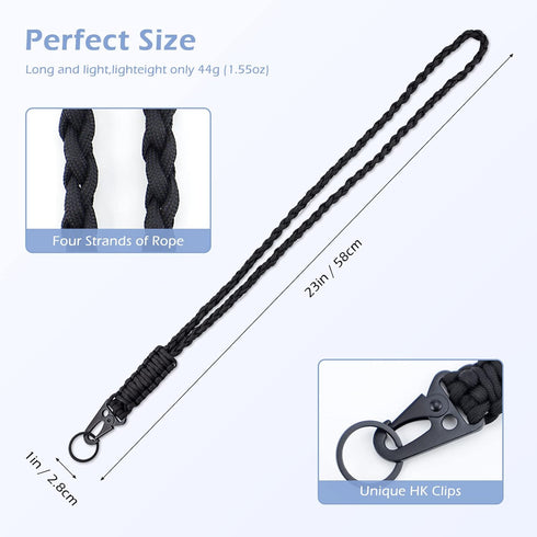 Heavy Duty Neck Lanyard Keychain for Men Women, Black Parachute Rope Necklace with HK Clip for ID Card Holder