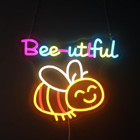 Dimmable "Bee-utiful" Happy Bumblebee Neon Light - Cute & Punny LED Wall Art for Kitchen, Bedroom, Nursery Decor, USB