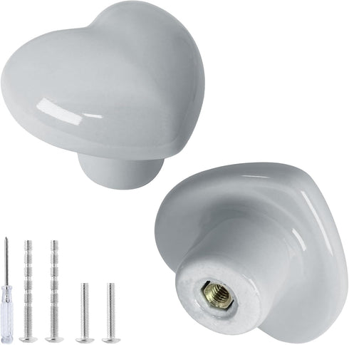 2pcs Light Grey Ceramic Cabinet Knobs, Heart Shaped Drawer Pulls for Kitchen, Cute Vanity Knobs for Kids Girls Bedroom
