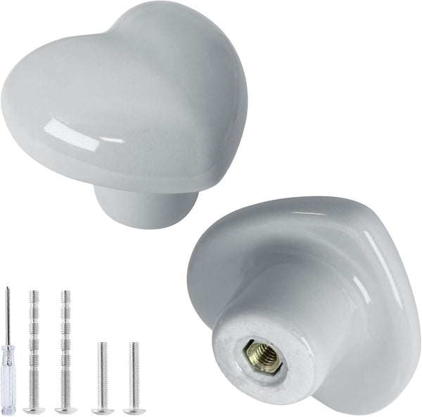 2pcs Light Grey Ceramic Cabinet Knobs, Heart Shaped Drawer Pulls for Kitchen, Cute Vanity Knobs for Kids Girls Bedroom