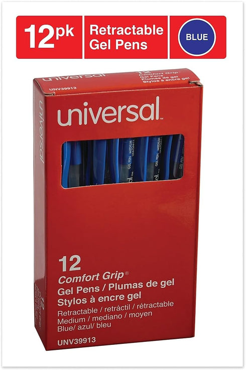Universal Comfort Grip Gel Pen, Retractable, Medium 0.7 mm, Blue Ink, Dozen