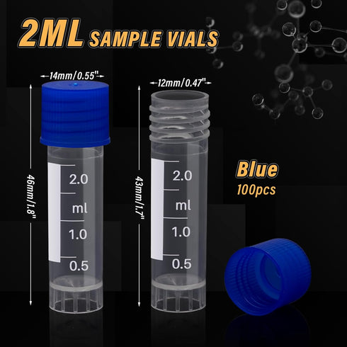 100 Pcs 2ml Small Vials with Screw Caps, Centrifuge Tubes, Plastic Sample Tubes, Cryogenic Vials with Lids