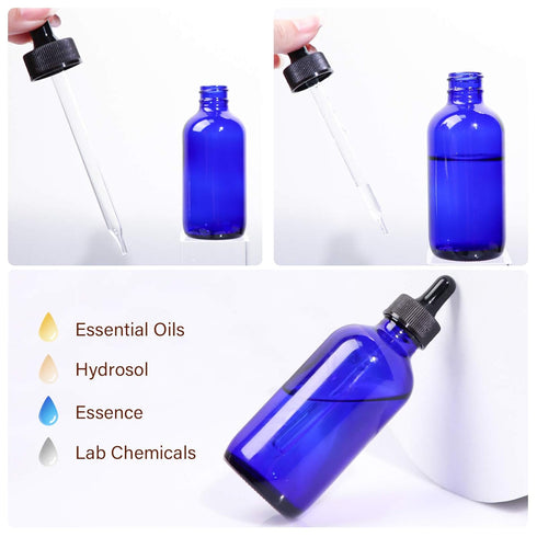 12 Pack 4oz Cobalt Blue Glass Bottles with Glass Eye Droppers, Essential Oils, Perfumes & Lab Chemicals