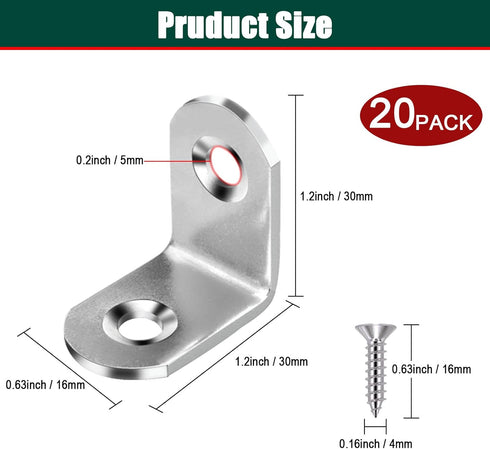 20pcs L Bracket Corner Brace, 30mmx30mm Stainless Steel Right Angle Bracket with Screws for Wood Cabinet