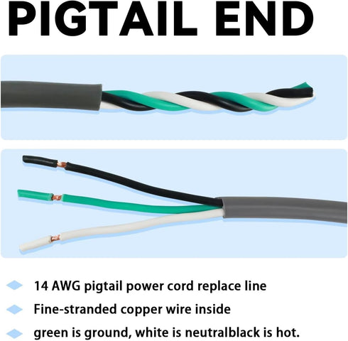 2 Pack 9 ft 14/3C SJTW Appliance Power Tool Cord, 14 Gauge 3 Prong Replacement Cable, 15A, 1875w Grey