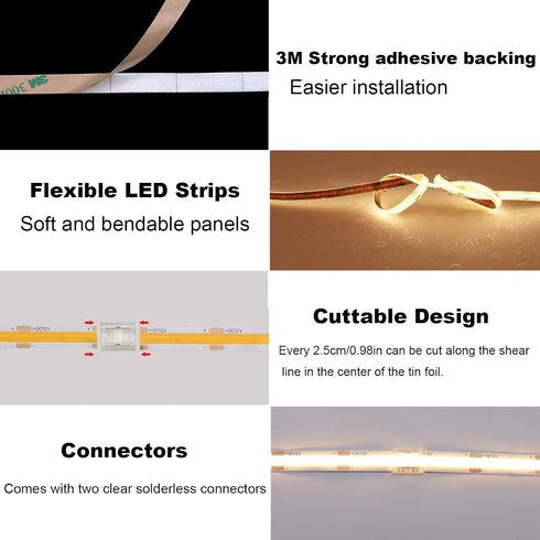 24V 3000K 16.4ft 4000Lm CRI>90 480LEDs/M TOPAI COB LED Strip Warm White Outdoor Waterproof Super Bright Self Adhesive