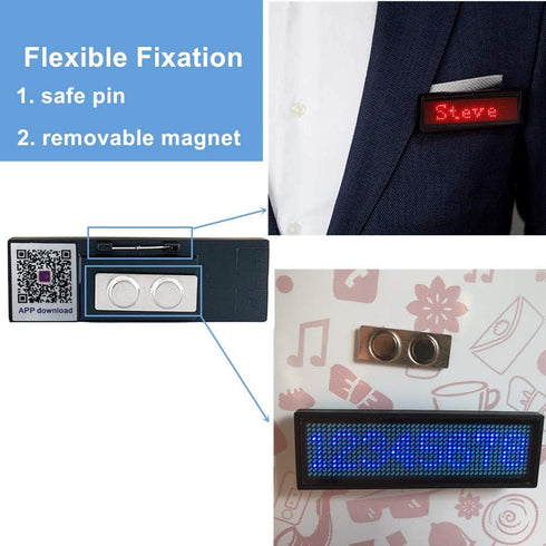 OUHL LED Name Tag, Upgraded Rechargeable Scrolling Mini LED Badge, Programmable Business Badges with Magnet/Pin (Red)