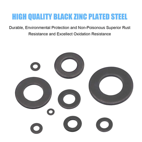 DYWISHKEY 700 Pieces Black Zinc Plated Steel Flat Washers Assortment Kit (9 Sizes M2-M12)