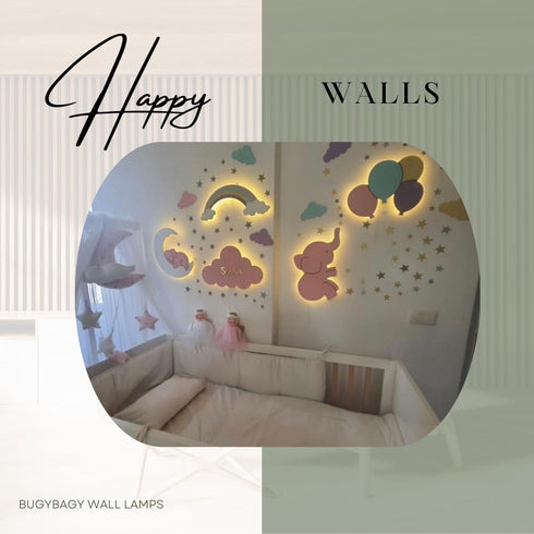 BugyBagy Personalized Heart Wall Lamp Hand-Painted Wooden Night Light with Custom Name Nursery Wall Decor for Baby