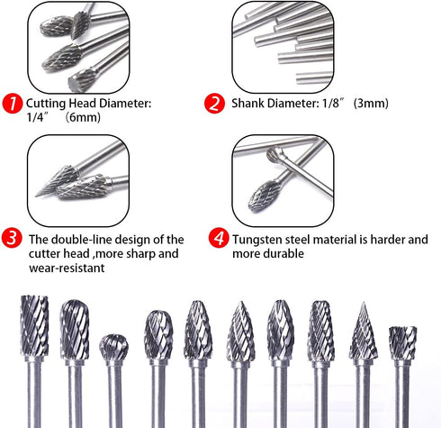 ATOPLEE 1/8" Shank Carbide Burr Bits - 10PCS Tungsten Carbide Rotary Tool for DIY, Metal Grinding