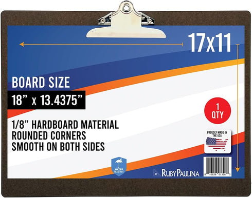 Professional Hardboard Clipboard - 17" x 11" Paper Holder, Jumbo Clip, Moisture Resistant, Made in USA