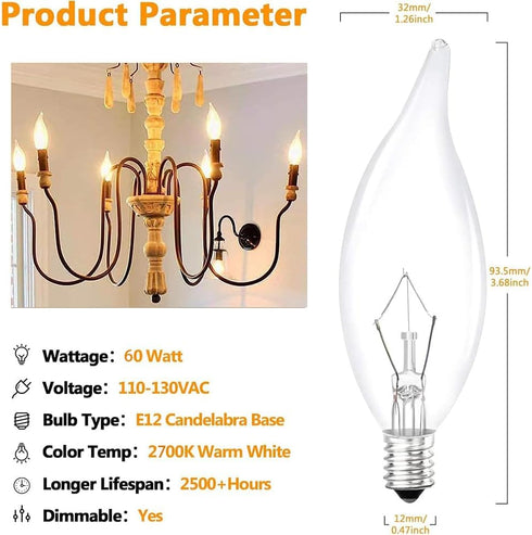 Tiqian 12-Pack B10 E12 Bulbs, 60W, 480 2700K Dimmable Bulbs Clear CTC Base Decorative Candle Light Lumens, Warm White