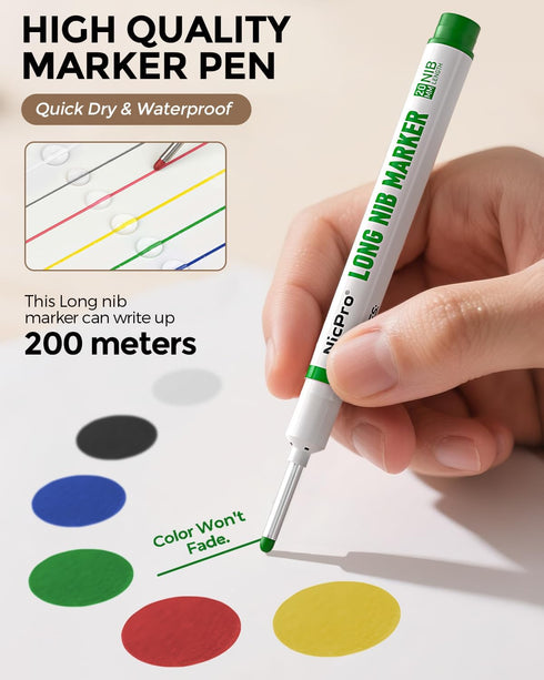 6 20mm Nicpro PCS Long Nib Marker Pens, Deep Hole Marker, Quick Dry & Waterproof Construction Markers, Long Head