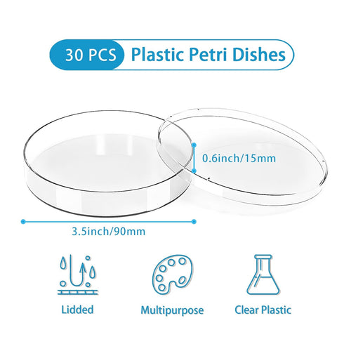 30Pack 90 x 15mm Plastic Petri Dishes,Culture Dishes with Lids for School,Laboratories,Clear Petri Dish for Themed Party