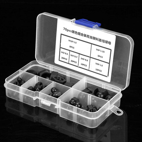 Walfront 70Pcs Black Nylon Acorn Hex Nuts, M3/M4/M5/M6/M8/M10 Sizes