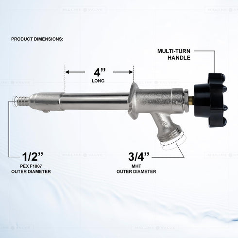 4 Inch 1/2" 3/4" Midline Valve Frost-Free Sillcock, Chrome-Plated Brass Body PEX Inlet x Hose Bib Outlet, Lead-Free