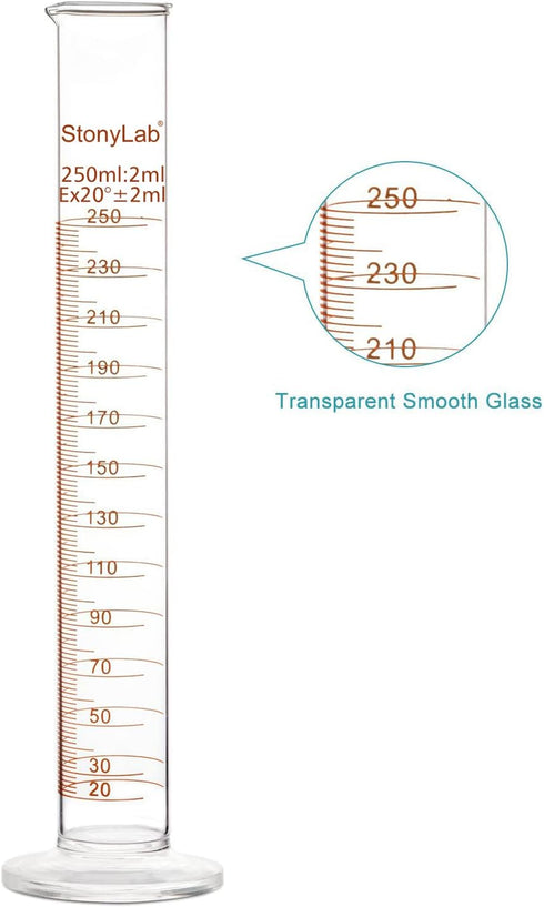 stonylab 1-Pack Graduated Cylinder, Borosilicate Glass 250 ml Heavy Wall Measuring Cylinder