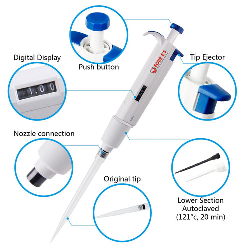 FOUR E'S SCIENTIFIC Lab 5ml Micropipette - Adjustable Single-Channel Pipette, 1000-5000ul Volume