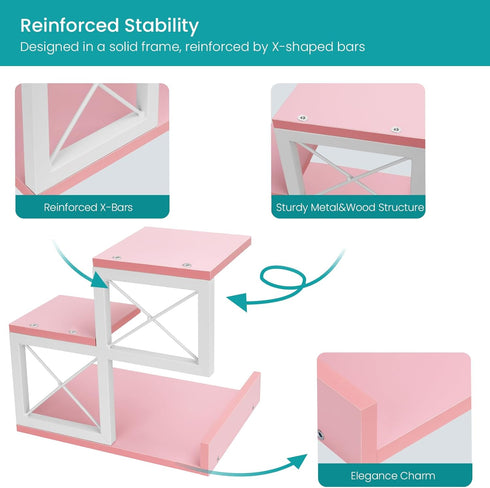 ELITEROO Aesthetic 3 Tier Desktop Shelf Organizer, Mini Wooden Bookshelf for Women Office Supplies, Pink