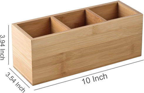 Bamboo Wood Pens and Pencils Holder Cup, Multiuse Desktop Storage with 3 Compartments for Office