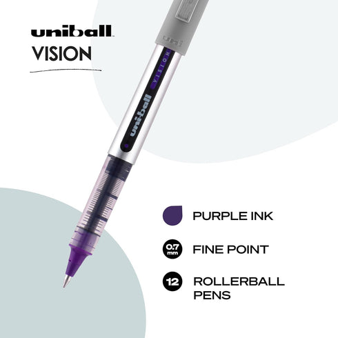 Vision Rollerball Pens Pack of 12, Violet Fine Point Pens with 0.7mm Medium Black Ink, Smooth Writing Bulk Office