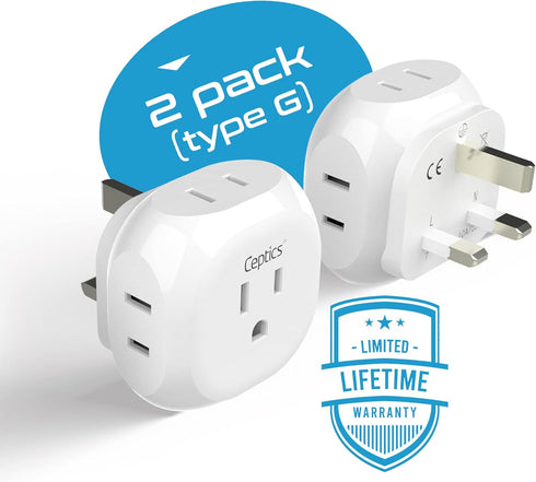 Ceptics US to UK Plug Adapter, Ultra Compact Power Adapter for USA to Type G Countries, 2 Pack