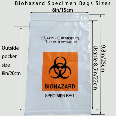 200pcs Biohazard Specimen Bags, 6x9.8in/15x25cm Ziplock Top with Outside Pocket Paperwork Pouch, Laboratory Sample Bag