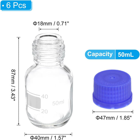 PATIKIL 6 Pack Reagent Media Storage Bottles, 50ml Borosilicate Glass Graduated Round Bottles