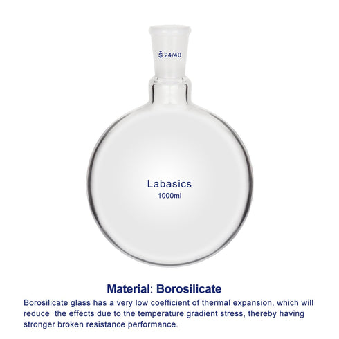 Glass Round Bottom Flask, Borosilicate Heavy Wall Short Neck, 1000 ml with 24/40 Standard Taper Joint