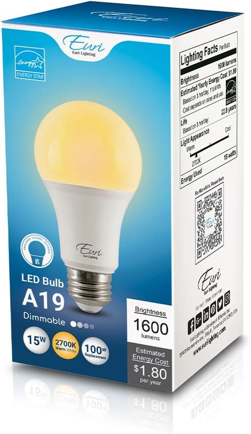 Euri Lighting EA19-15W2020e LED A19 15W (100W Equivalent), 1600lm, Dimmable, 2700K E26 Base, 3YR Warranty