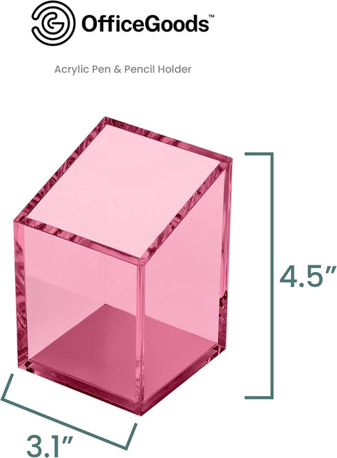 OfficeGoods Acrylic Pen & Pencil Holder - Modern Trapezoid Design - Beautiful Desk Organizer for Home or Office - Contrasting Metal Base - 3" Square w/ 3.5" Front & 4.5" Back - Pink by OfficeGoods