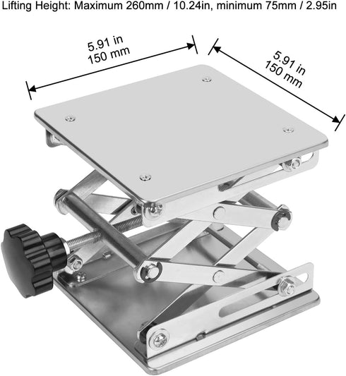 Lab Scissors Jack, Stainless Steel 6 x 6 inch Laboratory Support Jack Platform, Expandable Lift Height from 75mm to