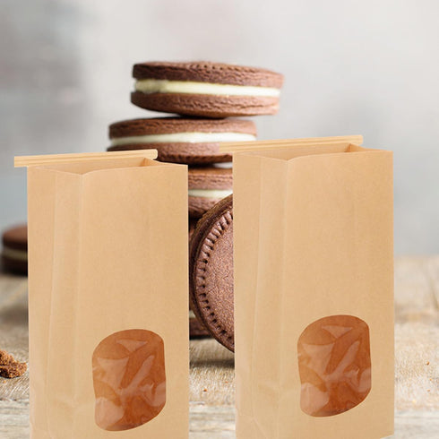 50pcs Packaging Small Oval Window Bakery Bread Bags with Wire Tie Kraft Paper Baking Pouches for Toast Cookies Pastries