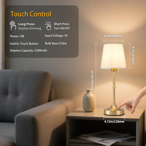 Lamp,5200mAh Dimmable Cordless Rechargeable Table Battery Operated LED Light,Fabric Shade Cordless Lamp