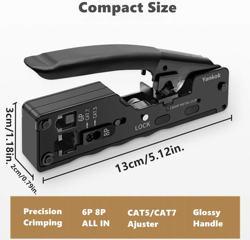 Yankok Modular Crimper for CAT5 CAT6 CAT7, Shielded and Unshielded RJ45 RJ12 RJ11 Network Connectors Ethernet Crimp