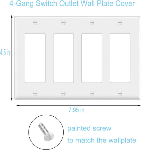 4-Gang Switch Outlet Wall Plate Cover, Decorator Electrical Faceplate for Light Switch, White (6-Pack)