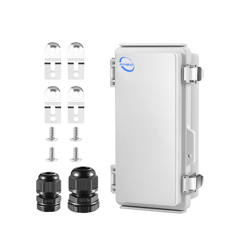 Waterproof Outdoor IP67 Junction Box (7.9"x3.9"x2.8") with Hinged Grey Cover, Wall Brackets, Weatherproof ABS Plastic