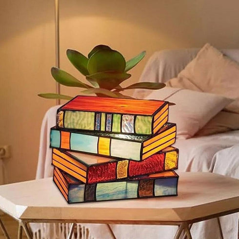 Generic Stained Glass Stacked Books Lamp Night Light,Vintage Nightstand Desk Book Lamps for Living Room, Reading Nook