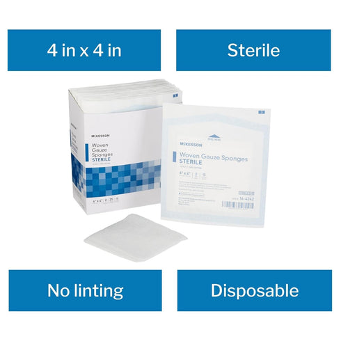 McKesson Woven Gauze Sponges, Sterile, 12-Ply, 100% Cotton, 4 in x 4 in, 50 Total, 25 Packs, 2 per Pack