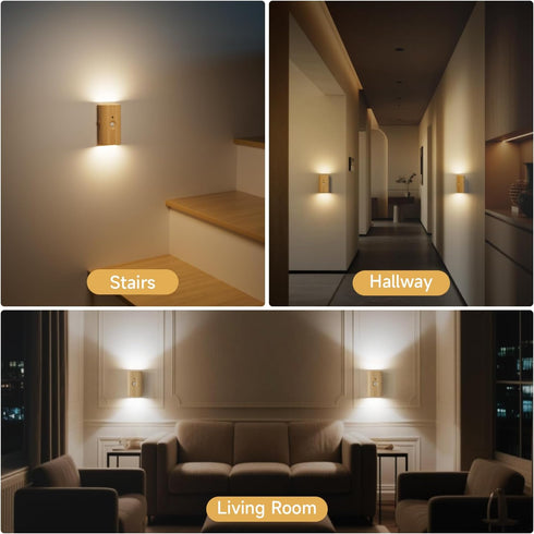 3600 3 10-100LM Dimmable, 2-Pack Wood Grain Night Light with Motion Sensor, Magnetic Attachment, Wireless, mAh Type-C